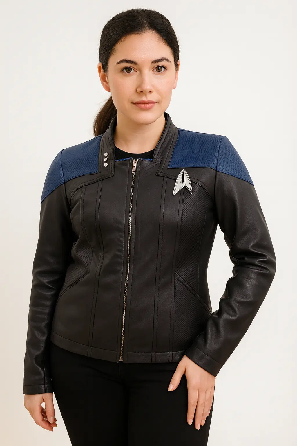 Front view of Star Trek Picard Season 3 Deanna Troi black leather jacket cosplay outfit