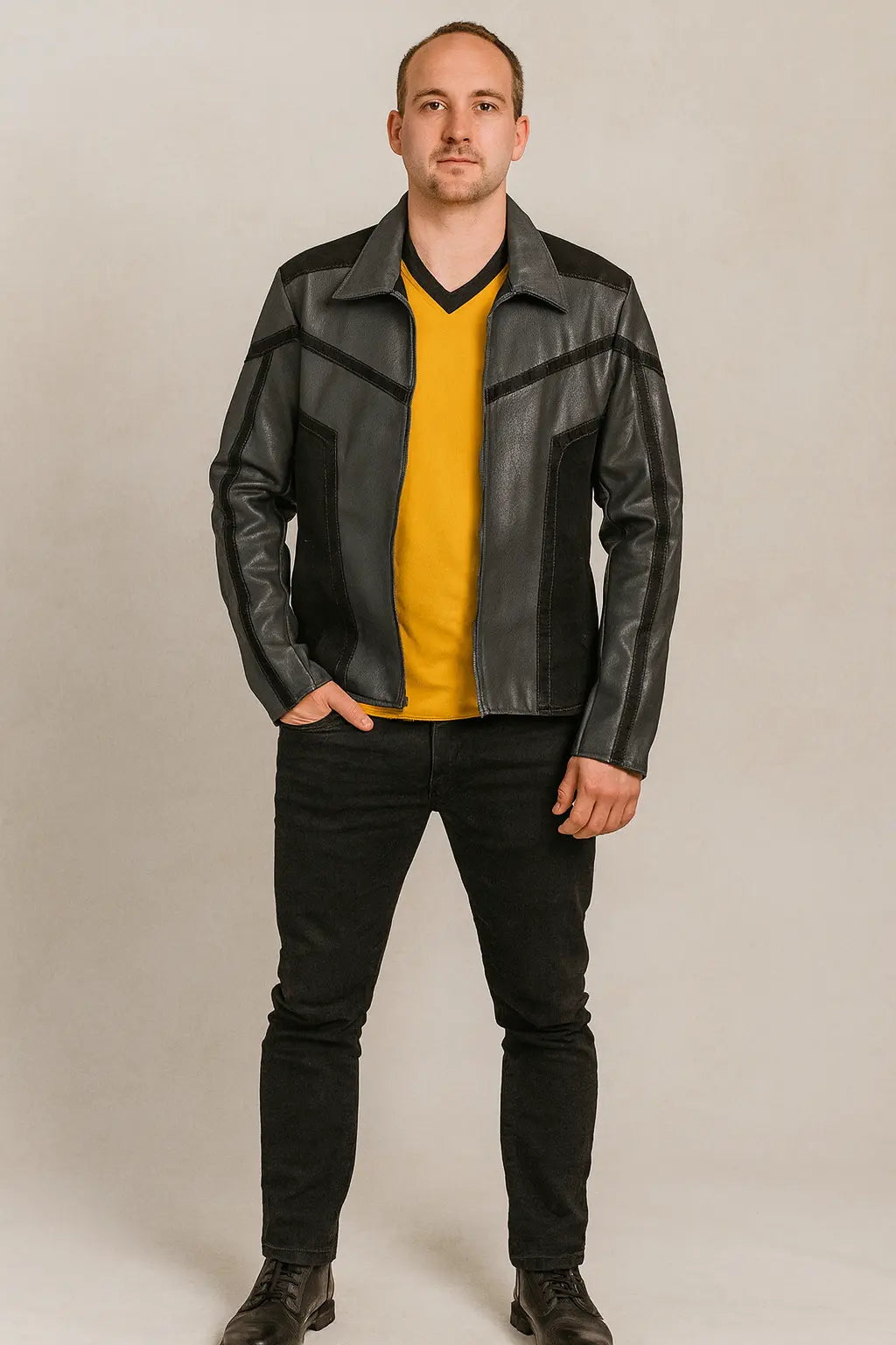 Front view of Star Trek Strange New Worlds black leather jacket cosplay with zipper closure