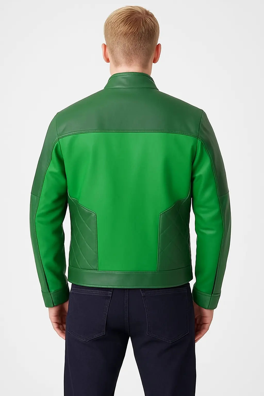 Back view of Star Wars Resistance Kazuda Xiono green leather jacket cosplay outfit