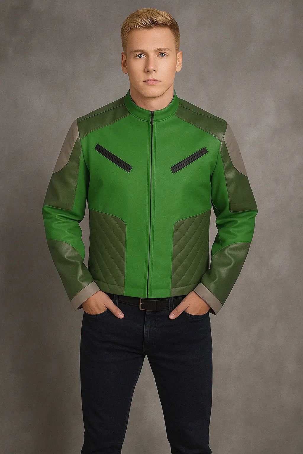 Front of Star Wars Resistance Kazuda Xiono green leather jacket for men