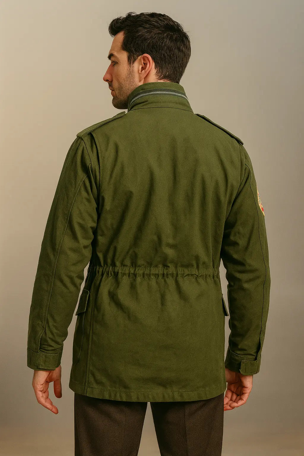 Back view of Taxi Driver M-65 military green cotton coat with vintage army style