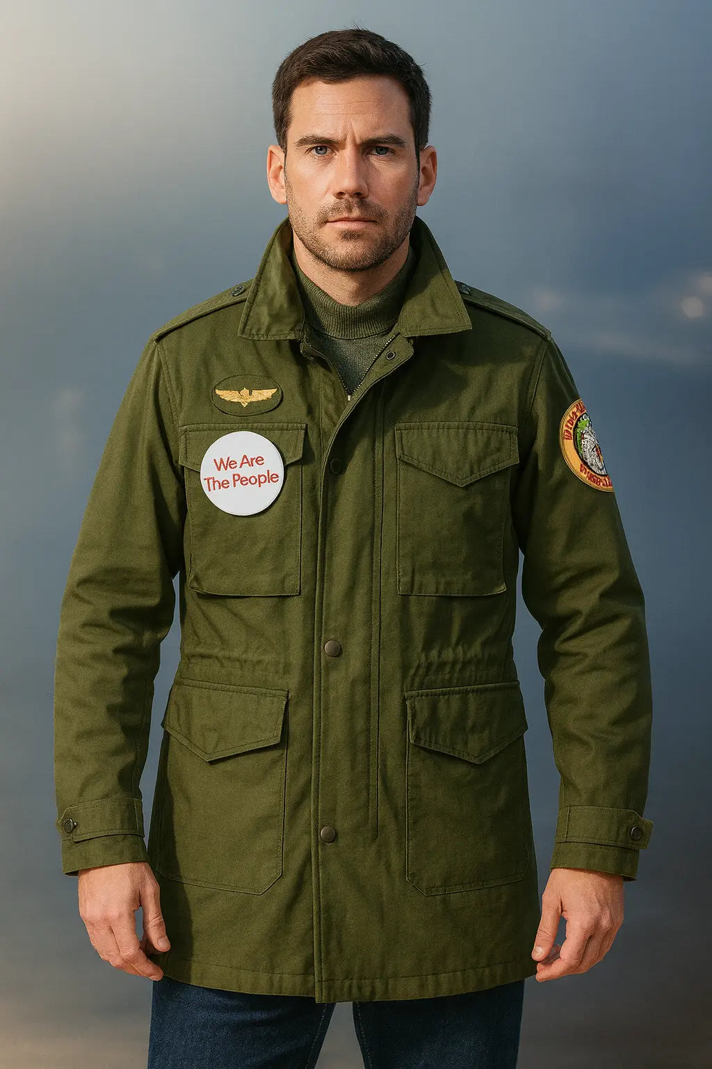 Front view of Taxi Driver 1969 M-65 military green cotton field jacket with button closure