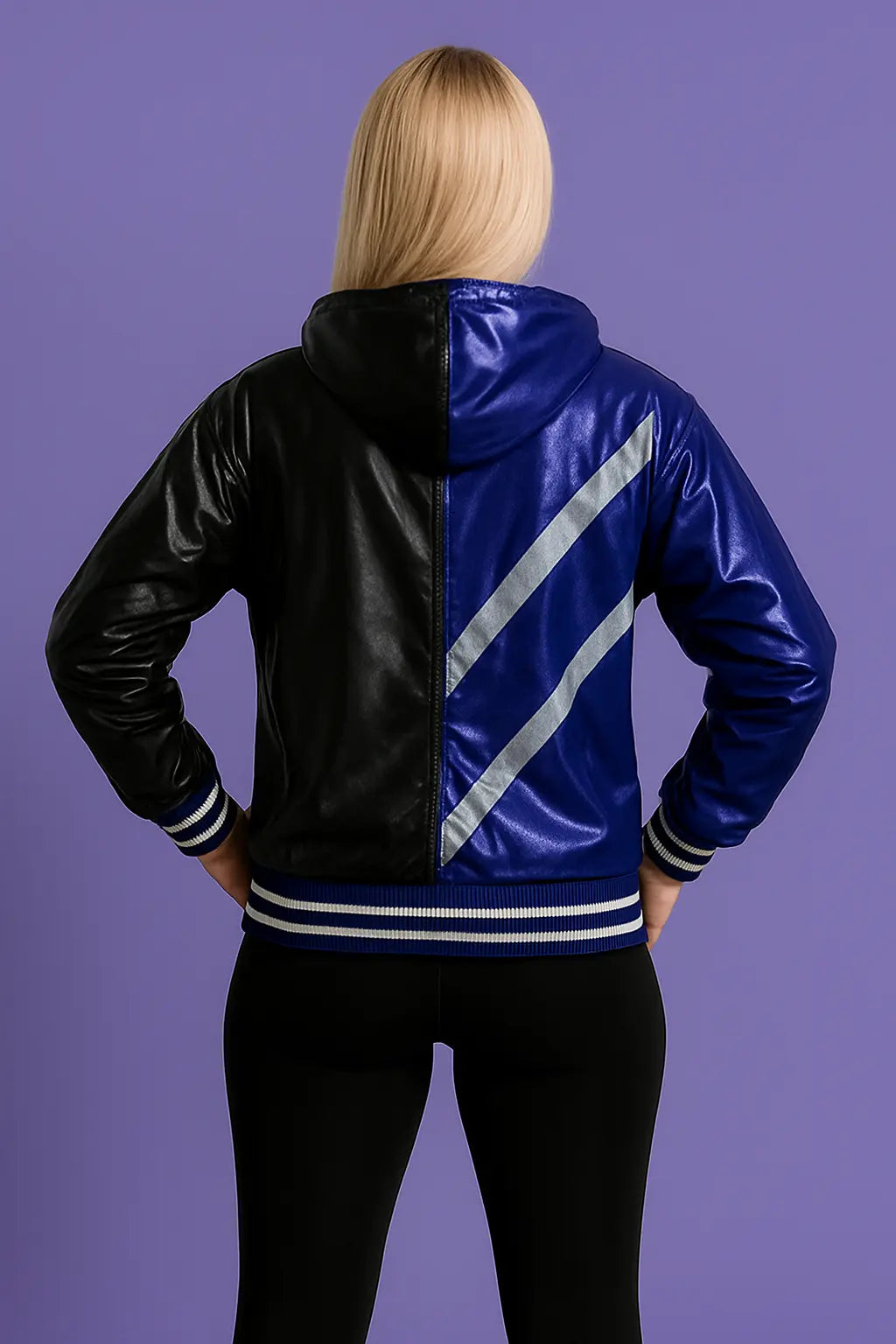 Back view of Tekken 8 Reina Mishima black and purple vegan leather cosplay jacket with silver stripes