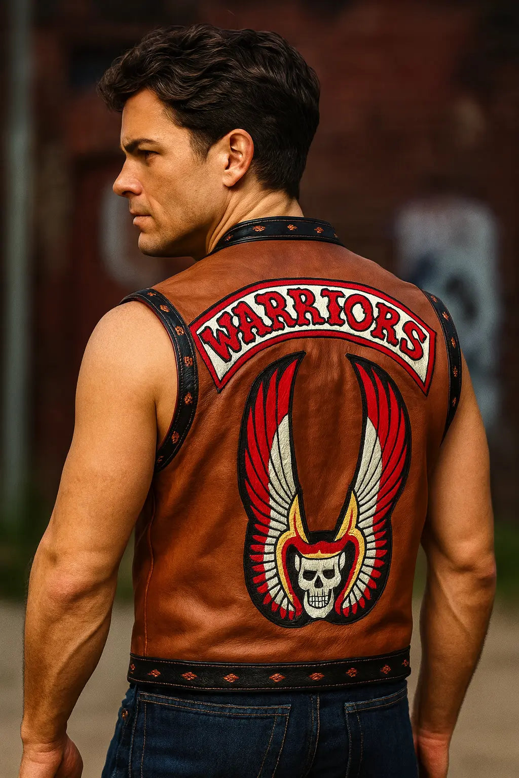 Back view of The Warriors Ajax brown leather vest with embroidered Warriors gang logo