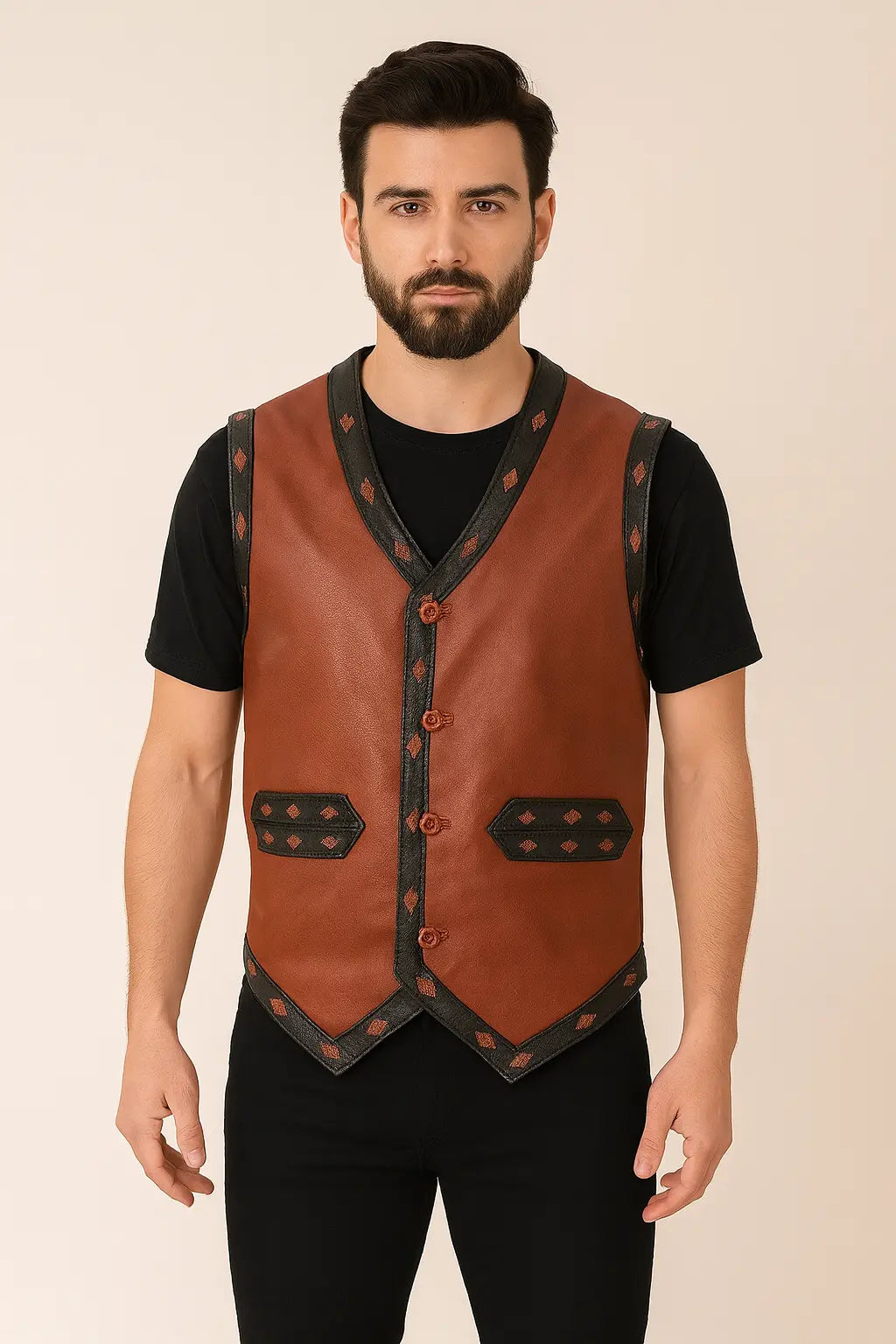 Front view of The Warriors Ajax leather vest inspired by James Remar costume with red detailing