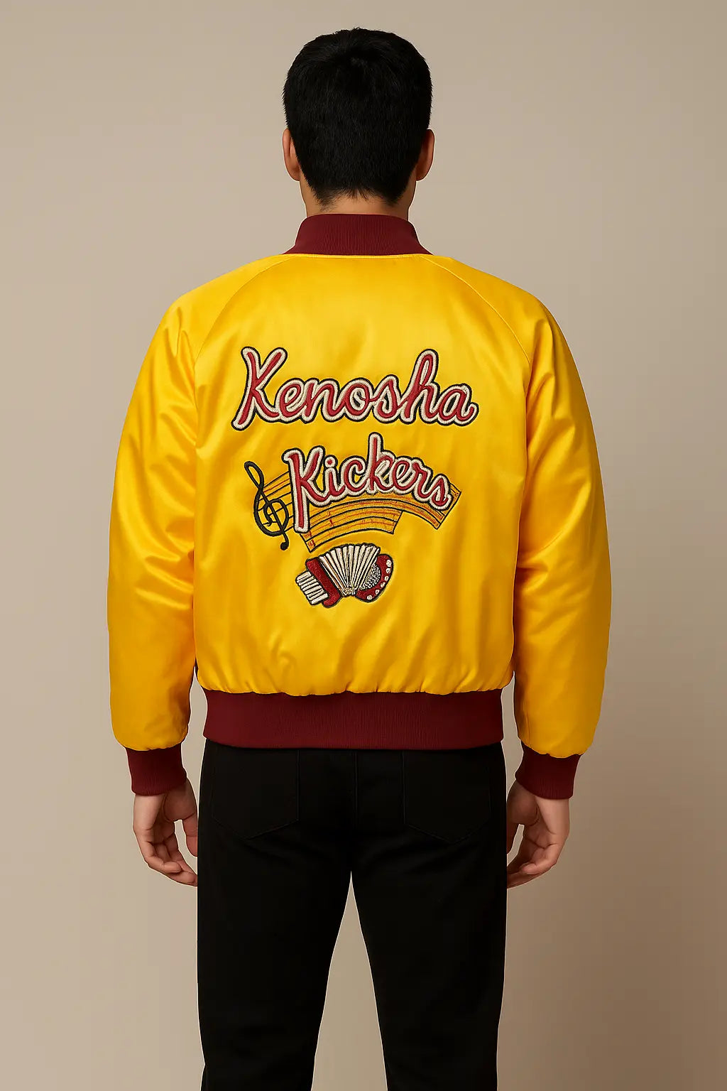 Back view showcasing Kenosha Kickers embroidered logo and musical design.