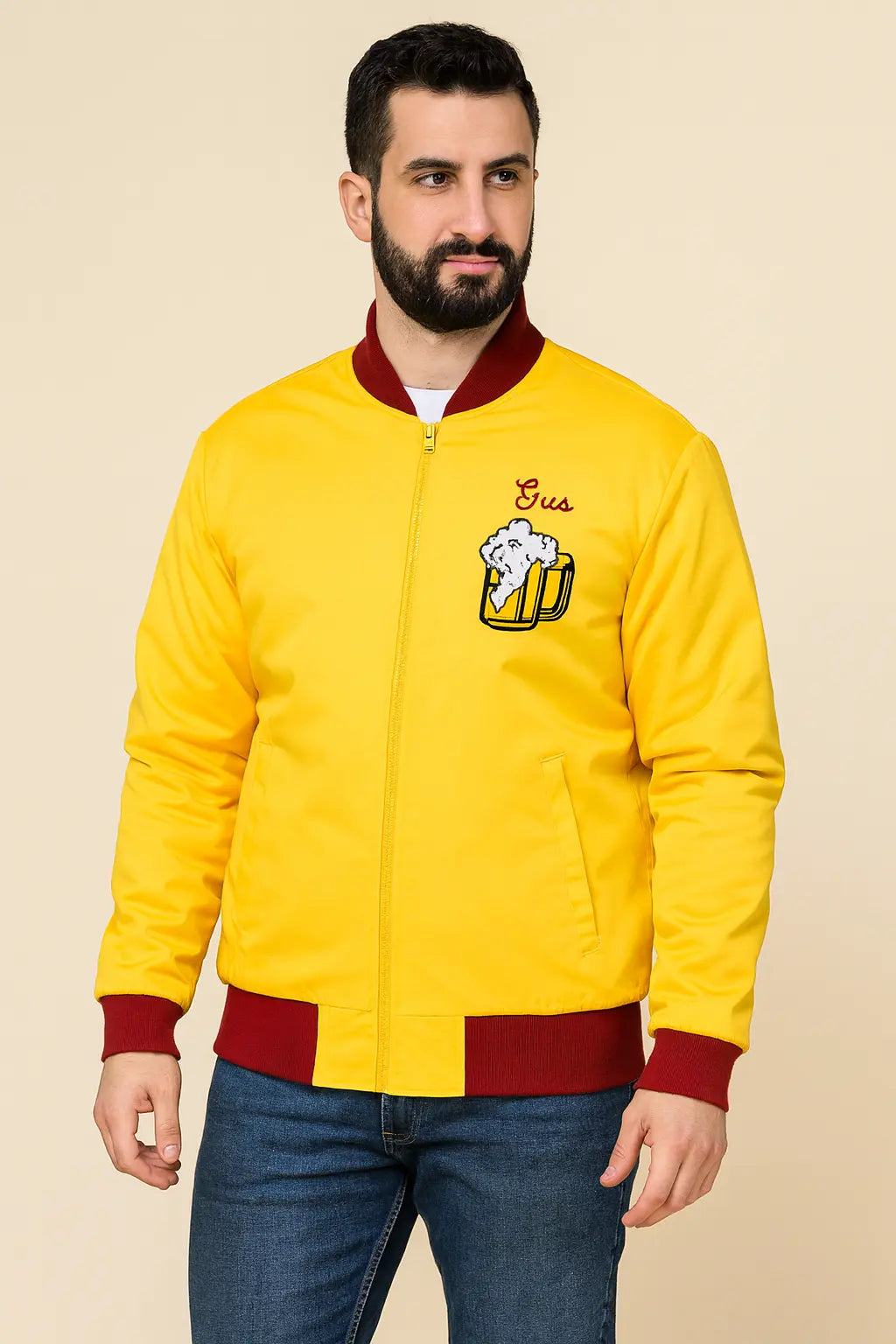 Front view of TJF Kenosha Kickere Home Alone Yellow Satin Jacket with beer mug embroidery.