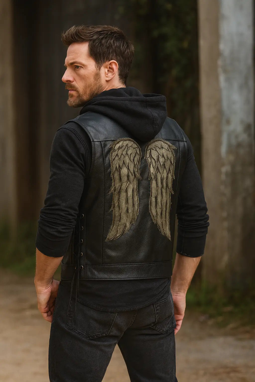 Back view of Daryl Dixon Walking Dead vest with iconic angel wings patch design