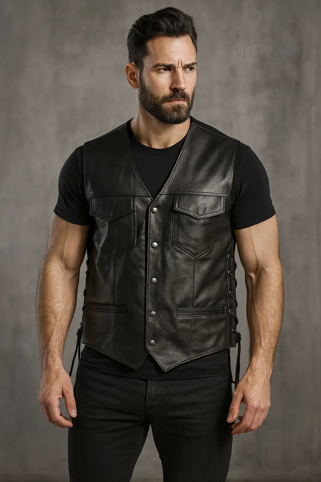 Front view of Daryl Dixon Angel Wings black leather vest from The Walking Dead Season 11