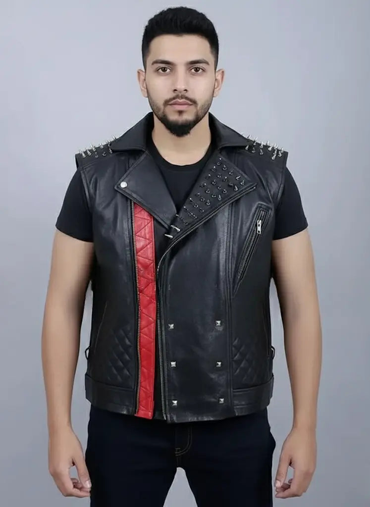 Front view of Watch Dogs Legion Wrench Black Leather Vest with studs and zipper