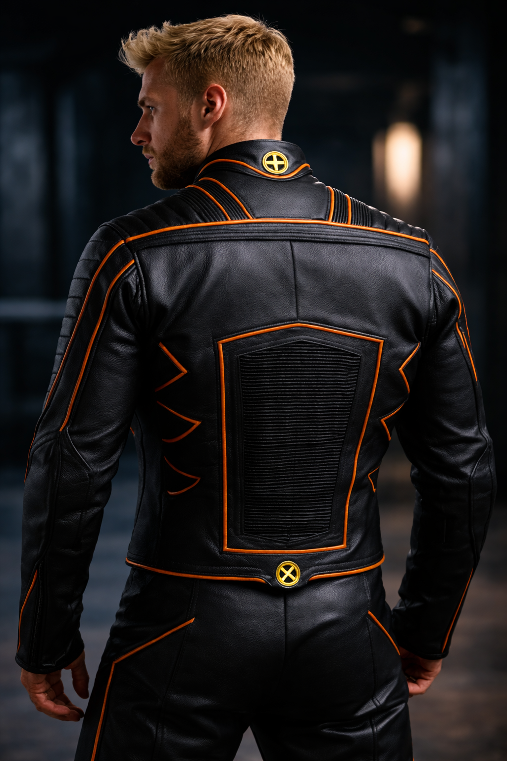 Back view of Wolverine X-Men leather jacket, Marvel cosplay style