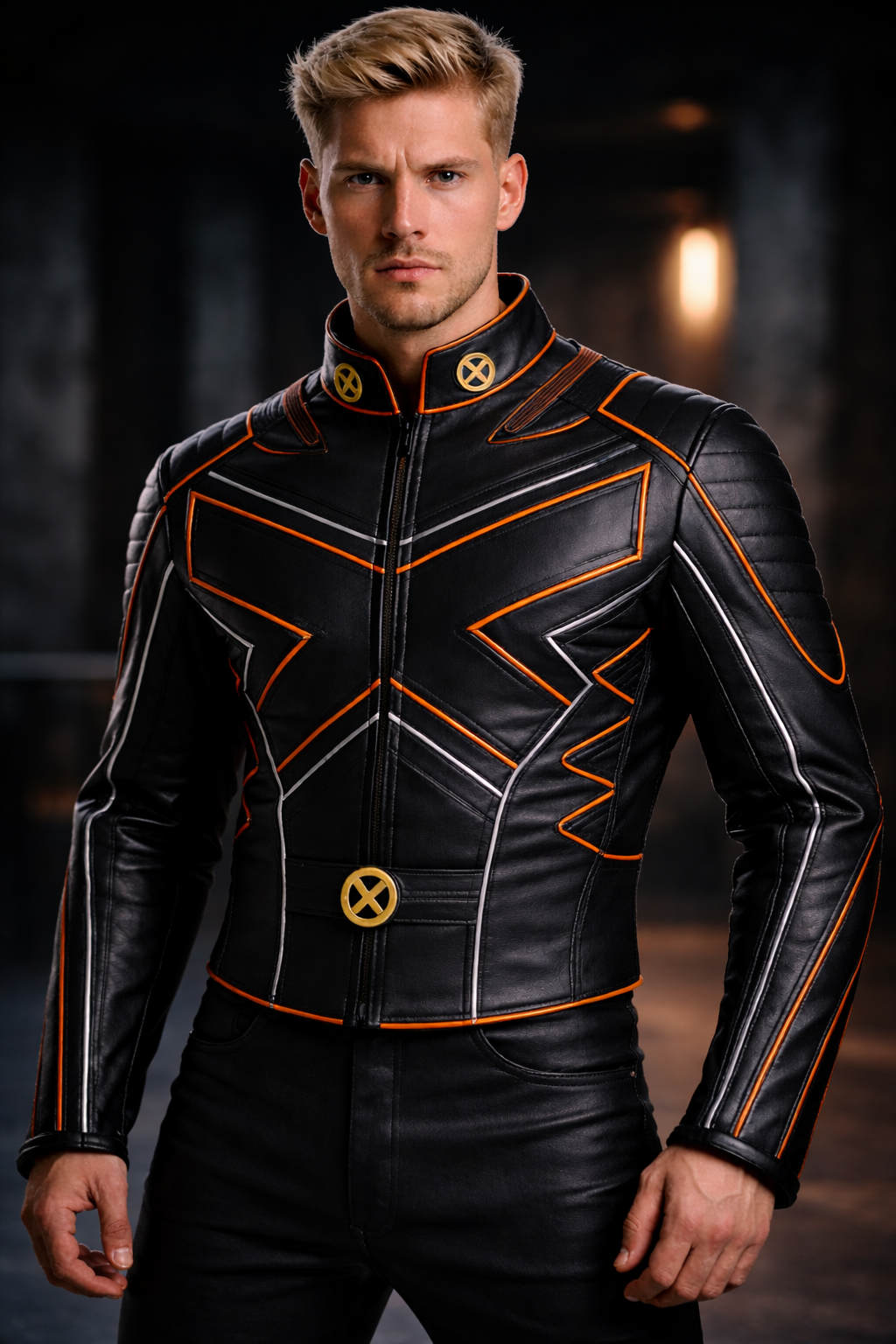 Front view of Wolverine X-Men black leather motorcycle jacket, Marvel cosplay costume