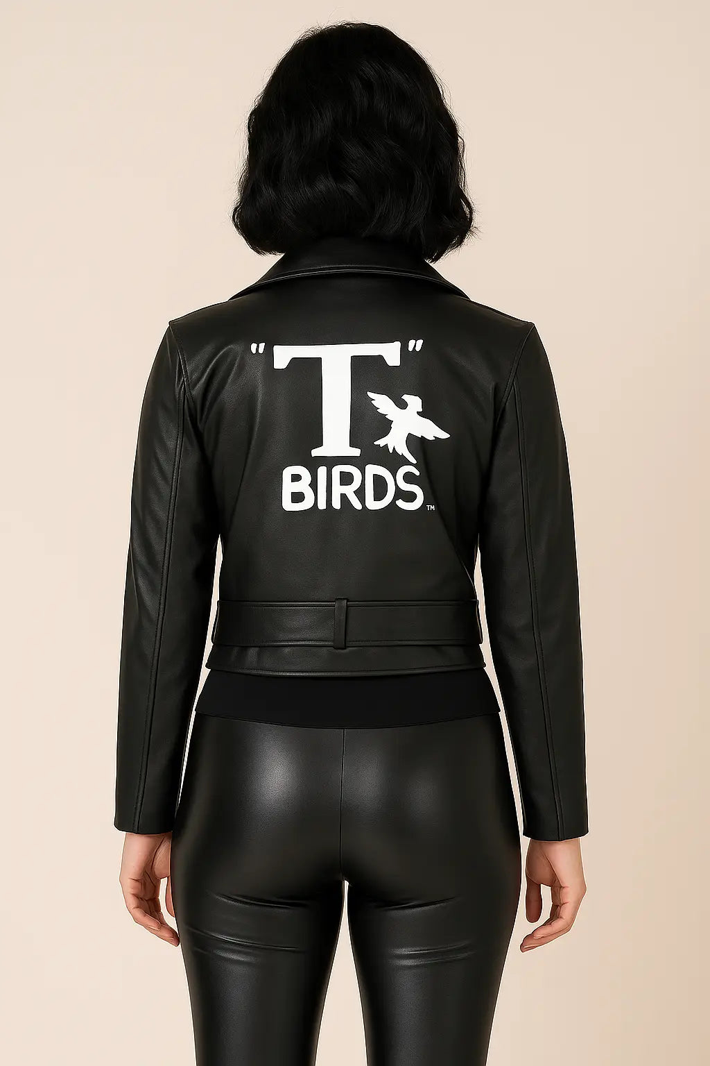 Back view of Women's Grease T-Birds black leather biker jacket with T-Birds logo design