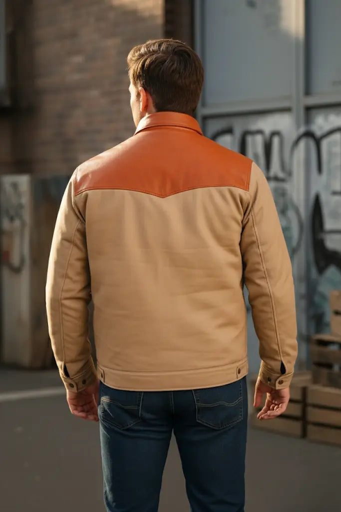 Back view of Yellowstone Kevin Costner John Dutton beige cotton jacket with western brown yoke design