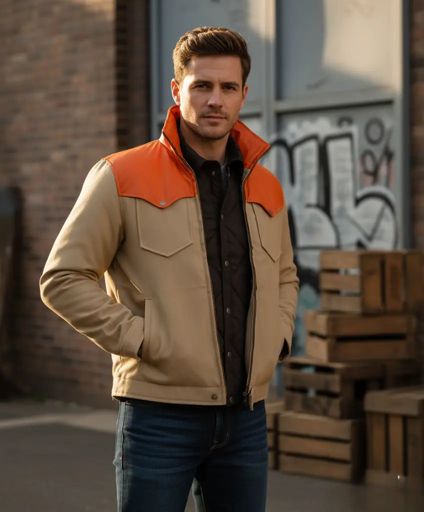 Front view of Yellowstone John Dutton beige cotton jacket with brown shoulder yoke, inspired by Kevin Costner costume