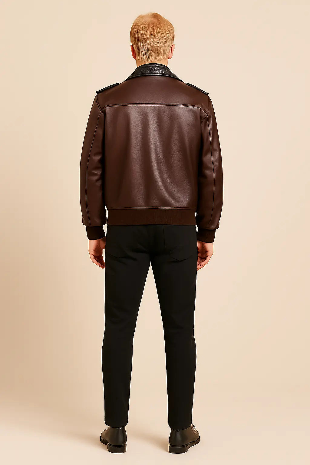 Back view of Zayn Malik Off-White brown leather jacket with epaulet shoulders