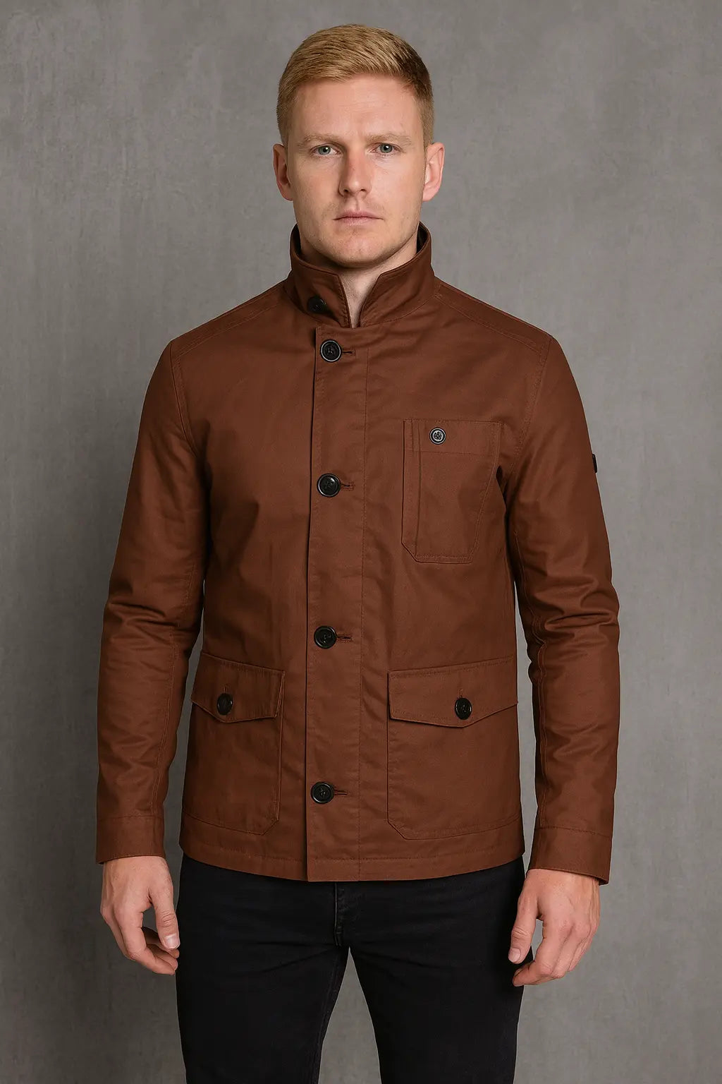 Front of Oliver Queen-inspired brown cotton jacket with button closure