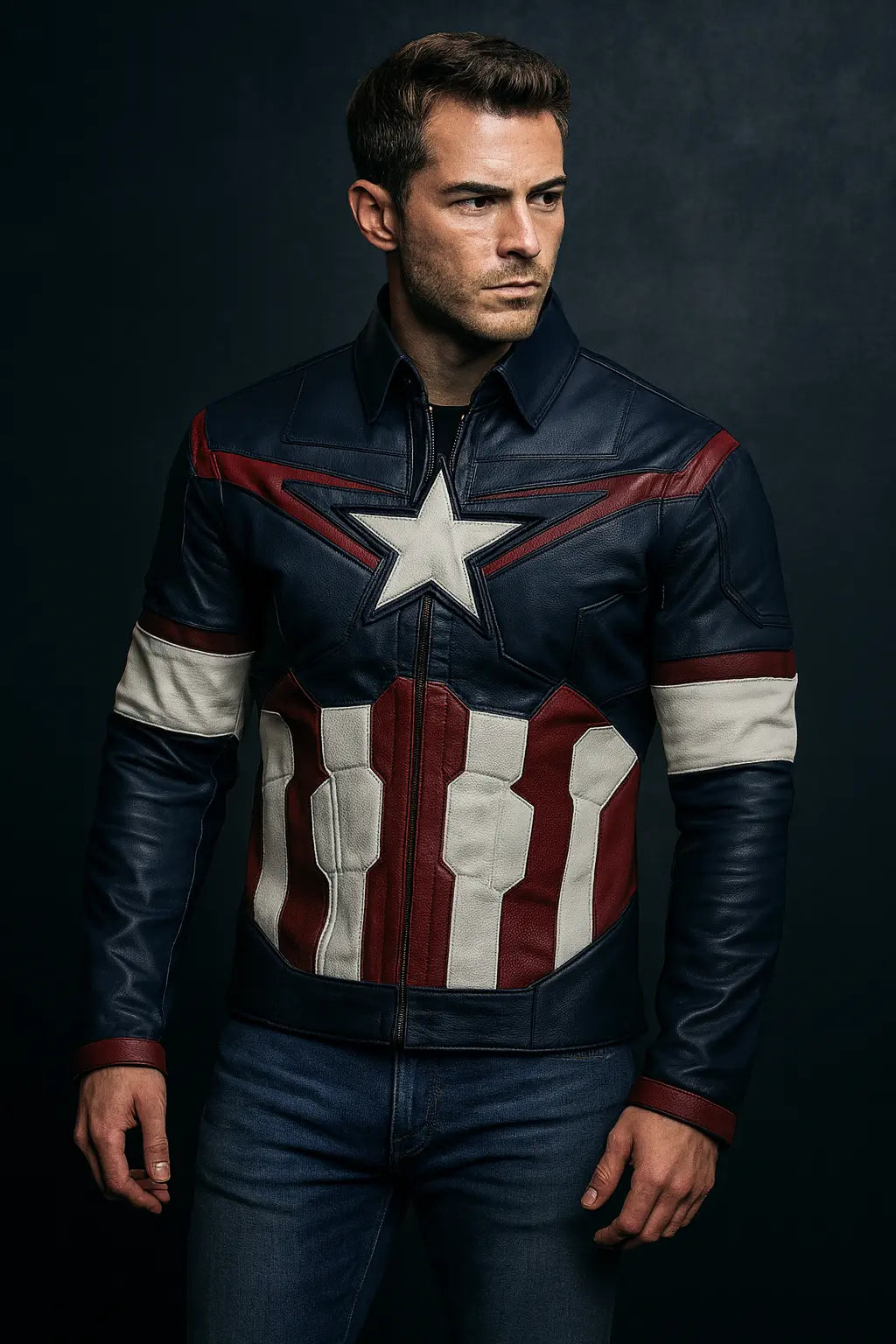 Front view of Avengers Age of Ultron Captain America Chris Evans leather jacket with star logo design