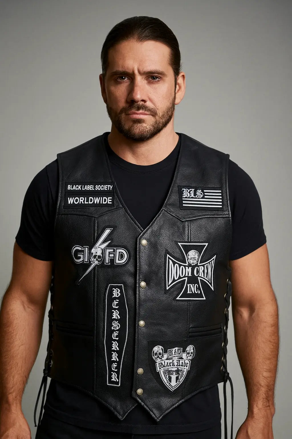 Front view of Black Label Society leather vest – Doom Crew biker style with patches