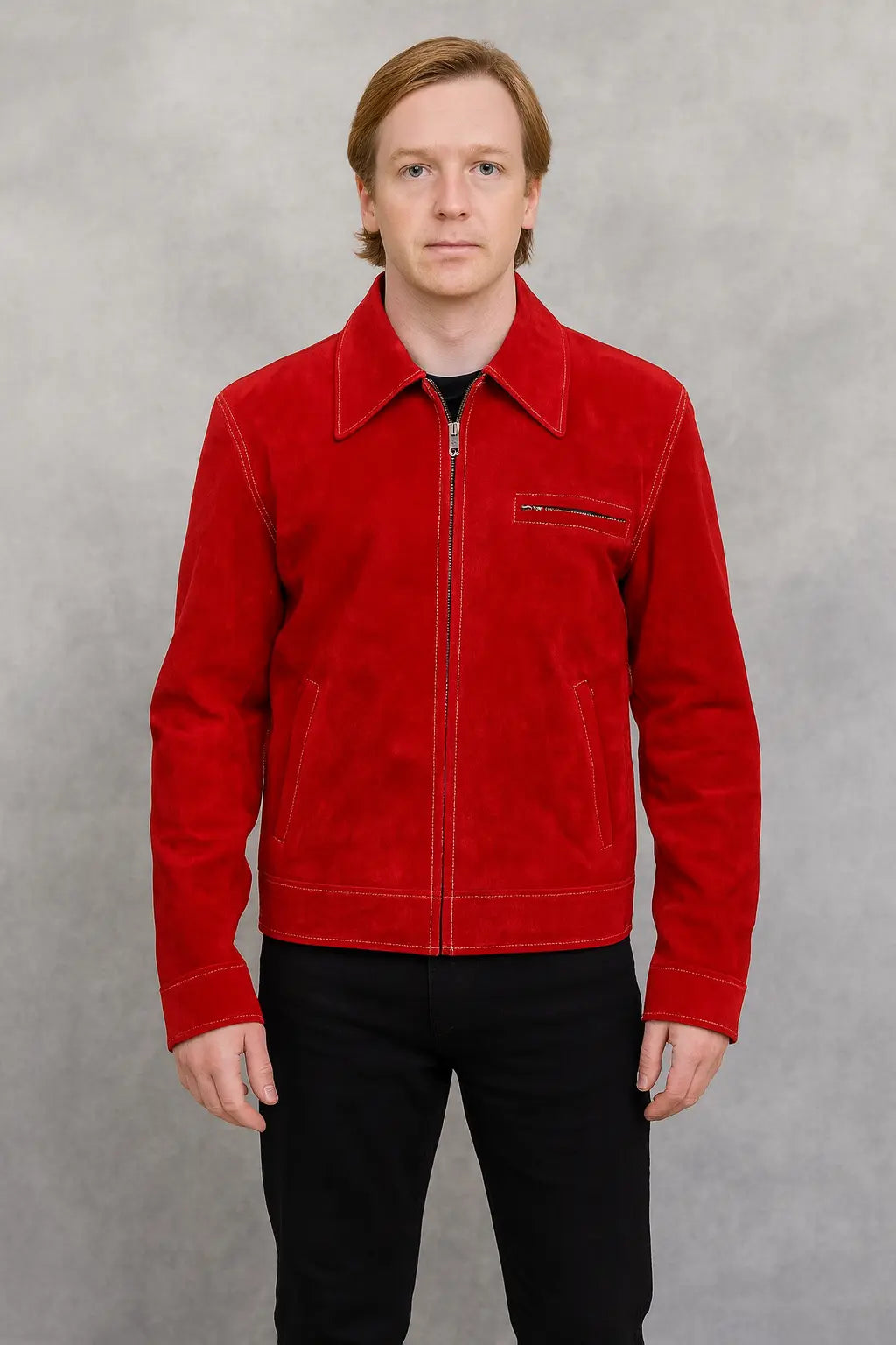 Front of Clark Kent Smallville red suede leather jacket inspired by Tom Welling
