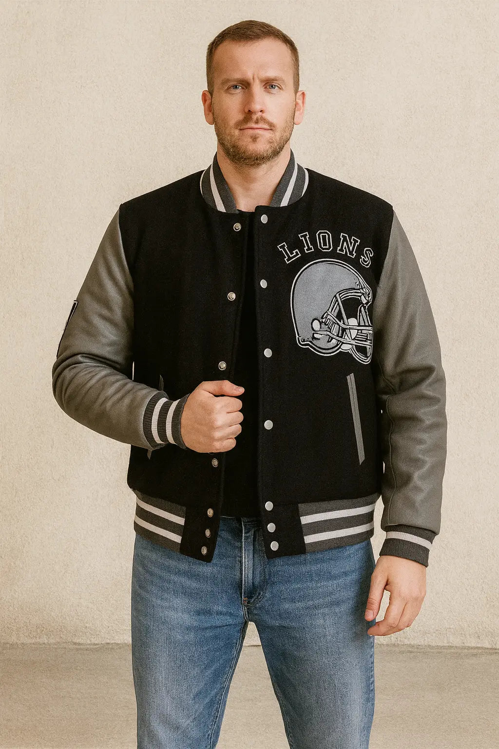 Front of Eddie Brock Venom 2 Detroit Lions Varsity Jacket in black and gray with fleece body and leather sleeves