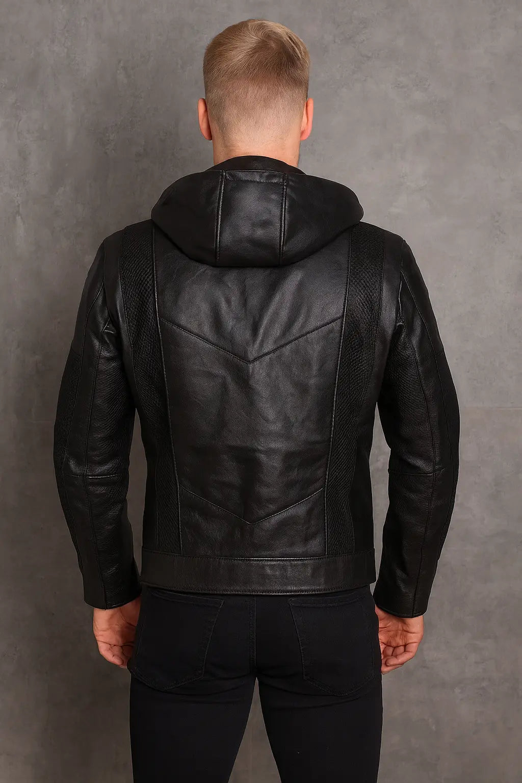 Back of Emerald Archer Green Arrow hooded black leather cosplay jacket inspired by DC Comics