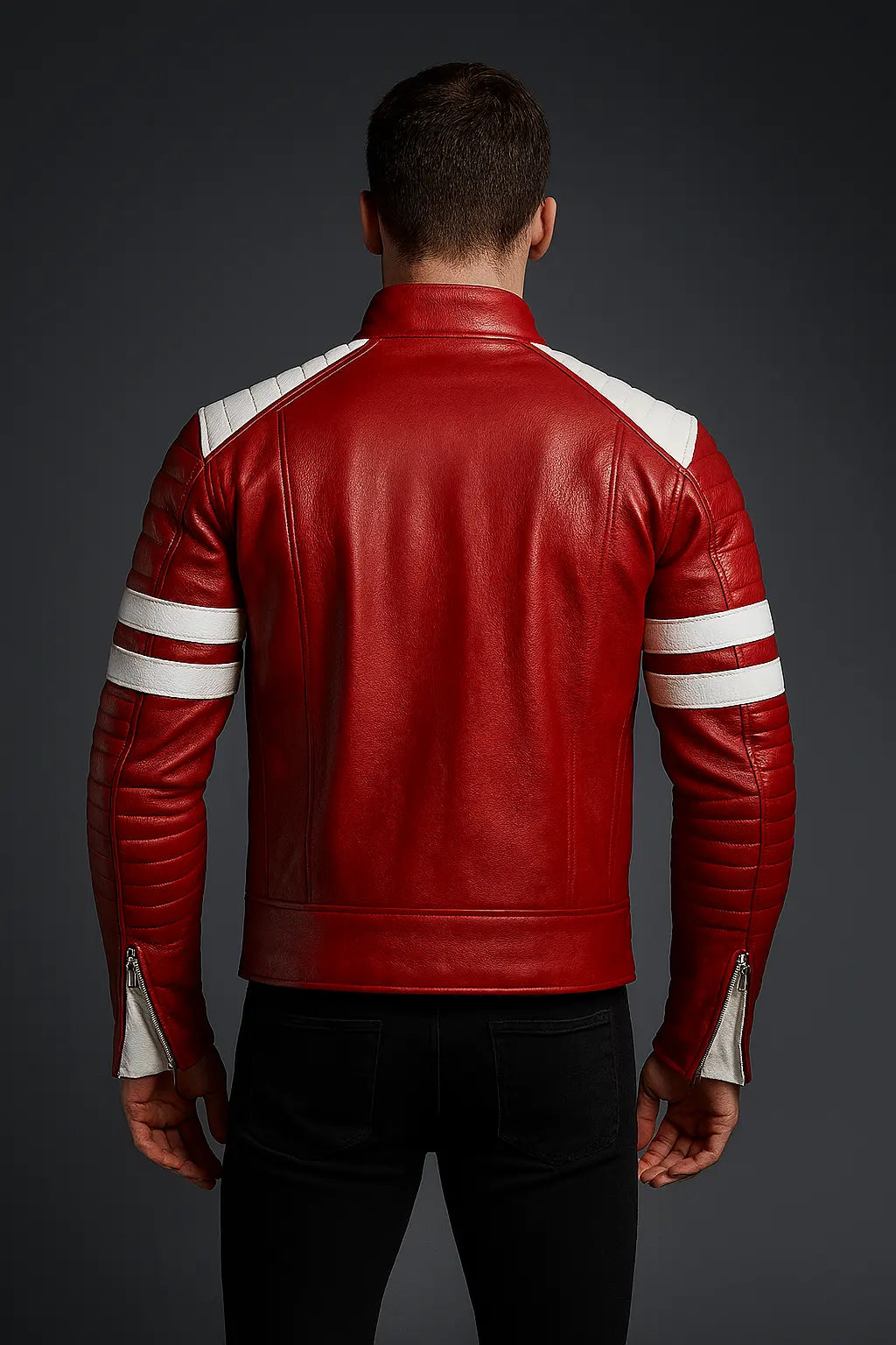 Back view of Brad Pitt Fight Club red leather jacket with classic 90s design
