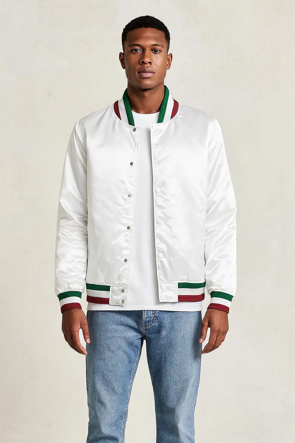 Front view of Home Alone Pizza Boy white satin jacket with snap button closure