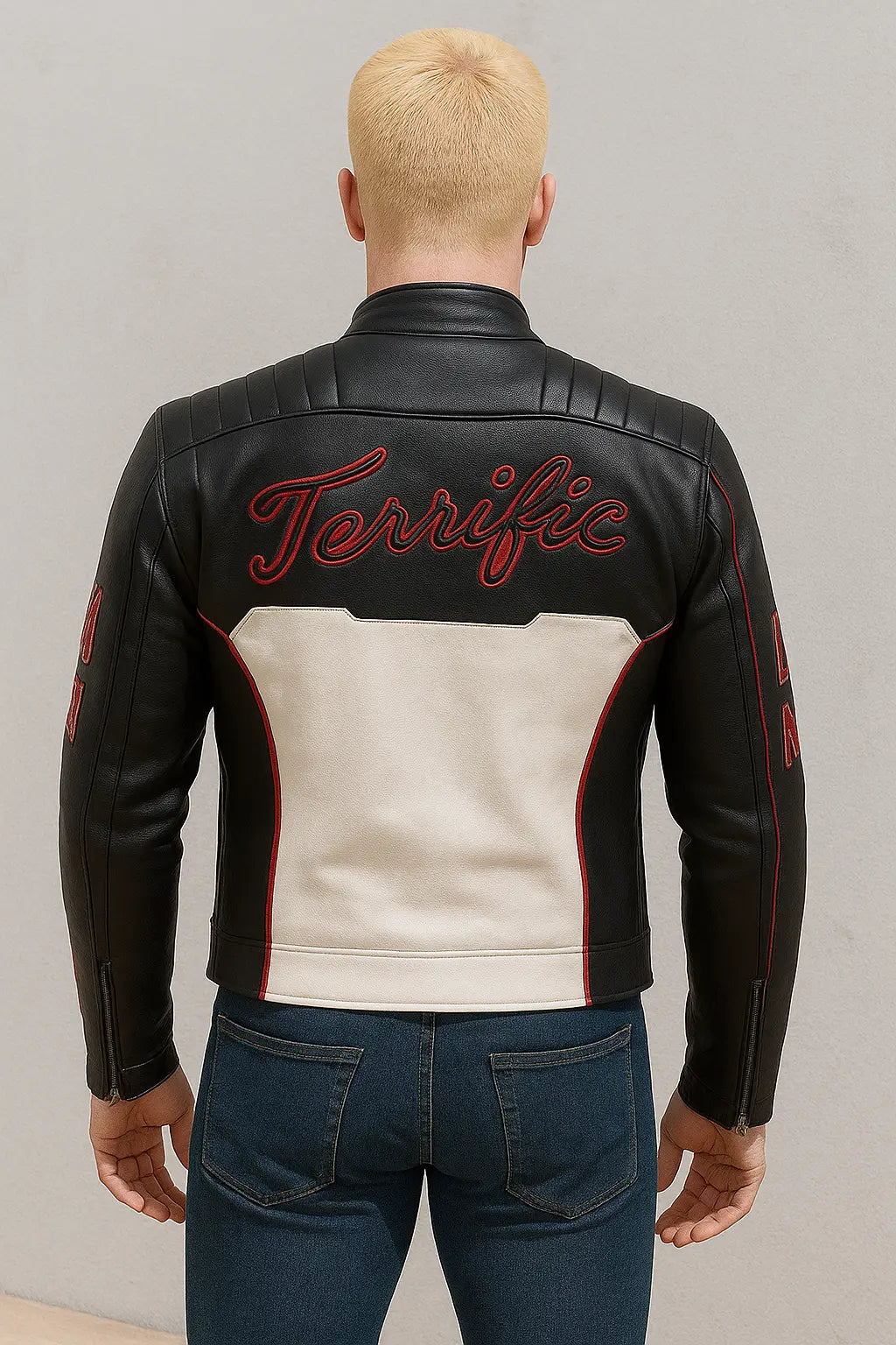 Back view of Mister Terrific Superman 2025 leather jacket featuring Terrific embroidered design and red accents
