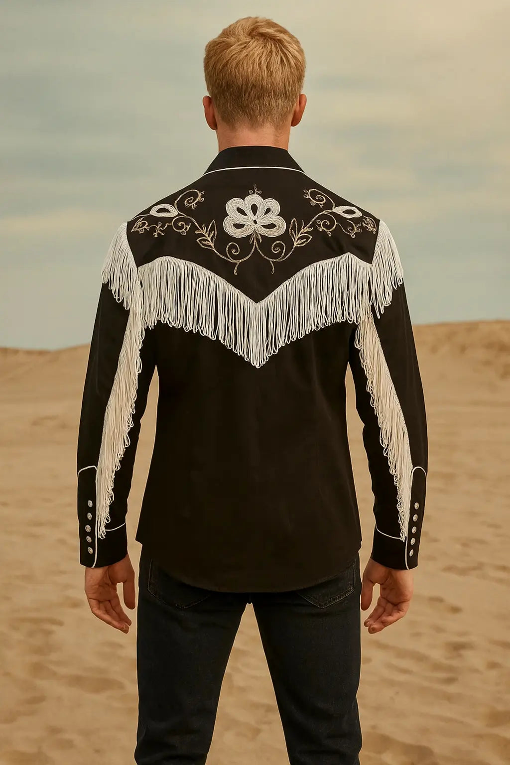Back view Men wearing Ryan Gosling Barbie movie black suede western shirt with fringe costume style