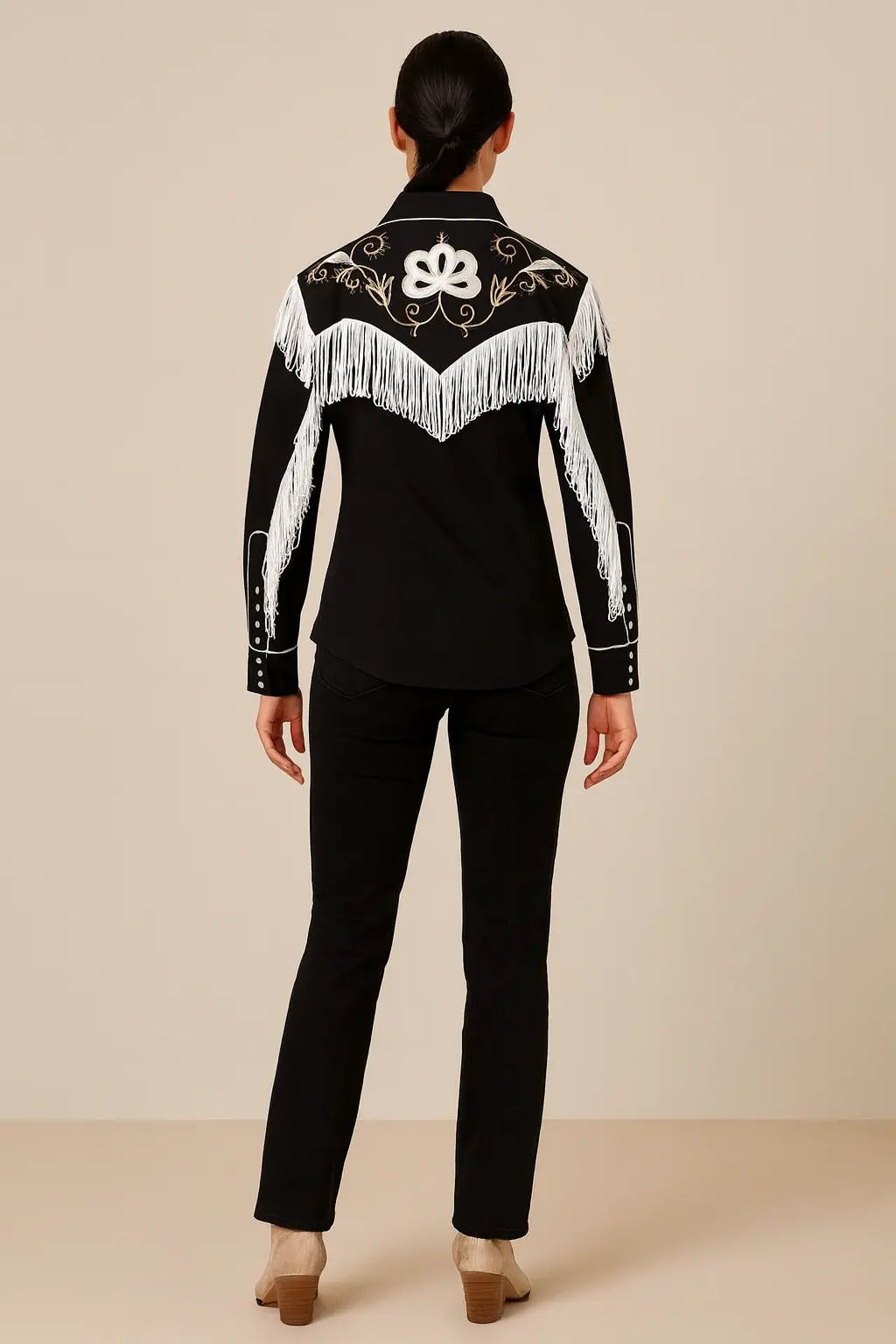 Back view of women wearing Ryan Gosling Barbie movie black suede western shirt with fringe costume style