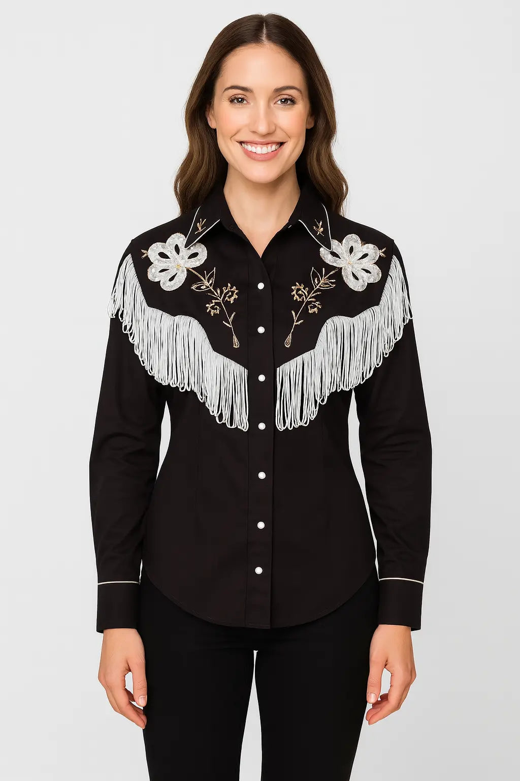 Front view of women wearing Ryan Gosling Barbie black suede western shirt with fringe design cosplay outfit