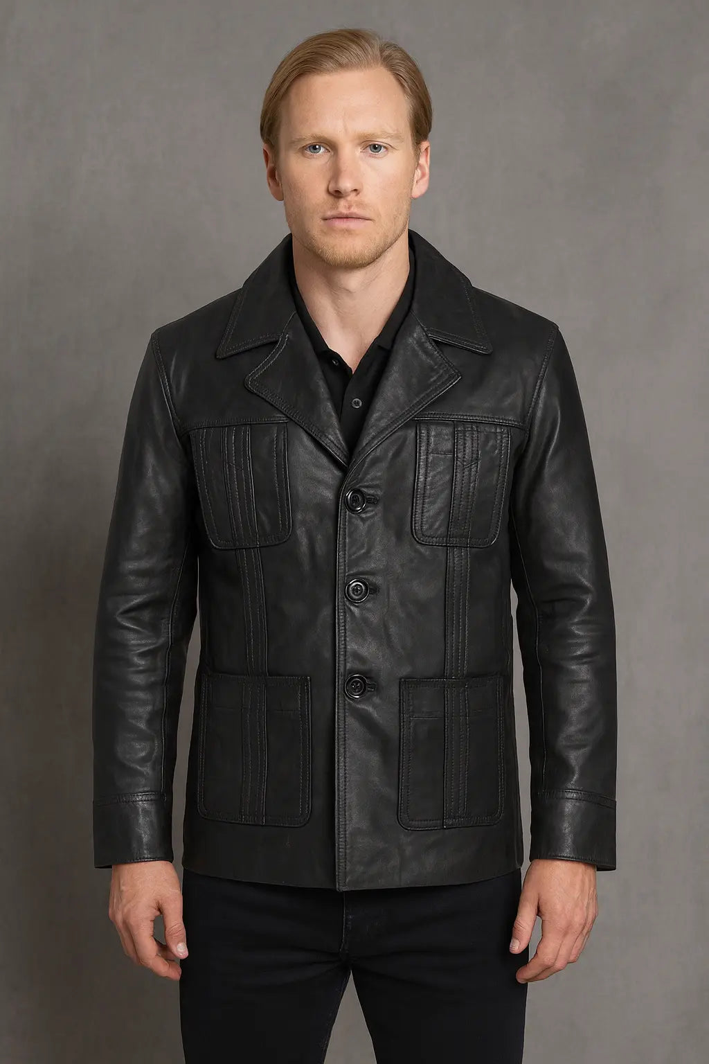 Front  of Sam Tyler Life on Mars black genuine leather jacket with button closure