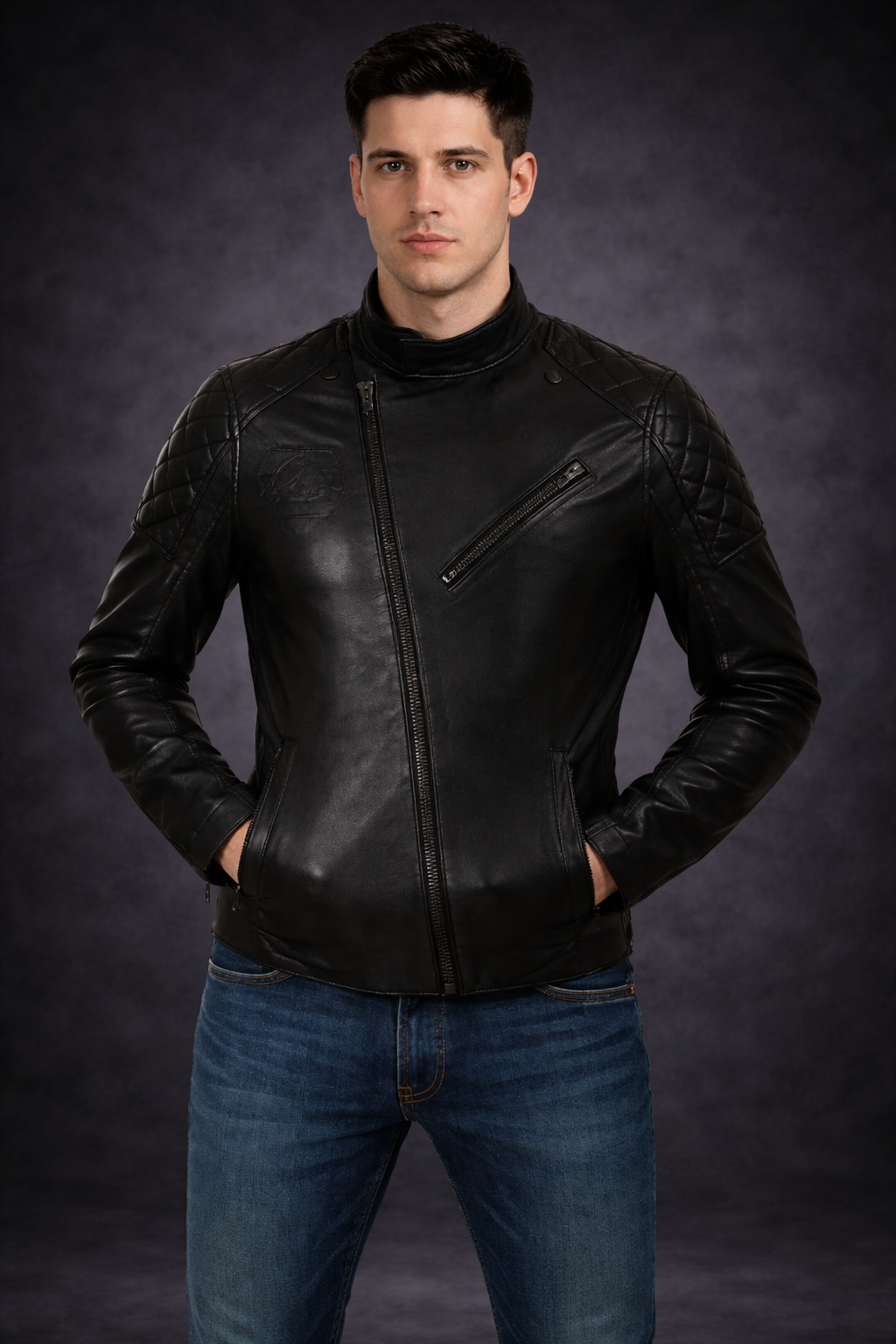 Solid Snake Metal Gear 2 black leather jacket front view