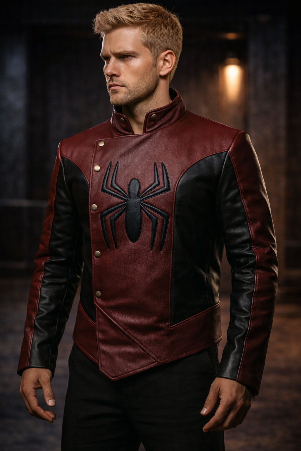 Front view of Spider-Man Last Stand black and red leather jacket, Marvel cosplay costume