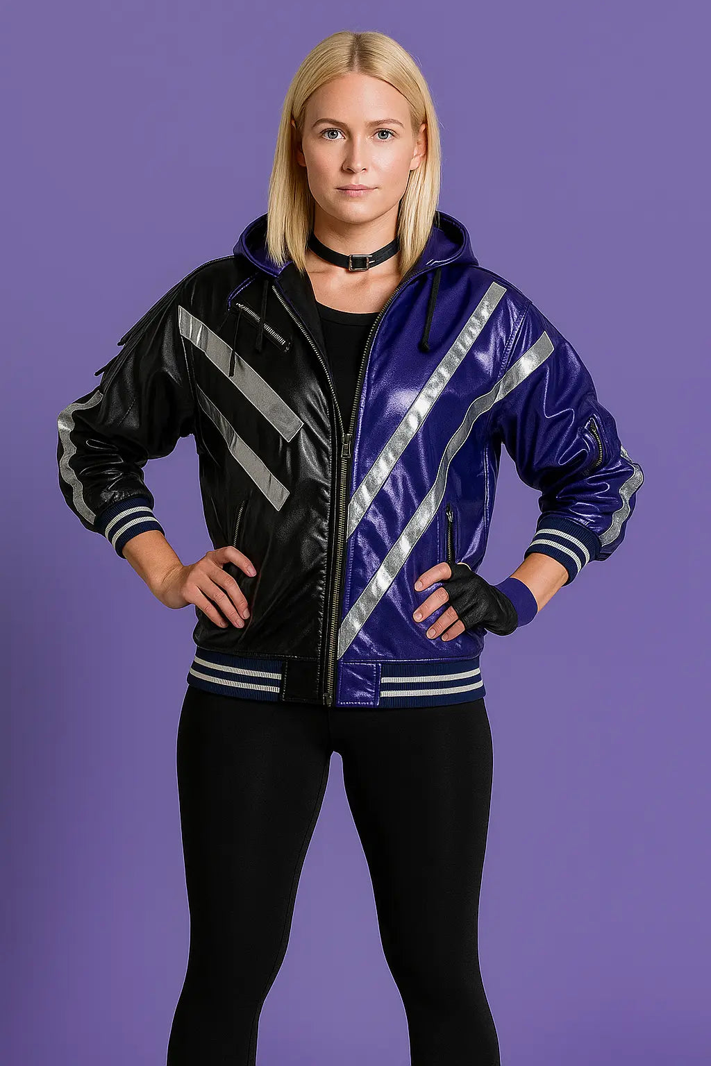 Front view of Reina Mishima cosplay jacket in black and purple faux leather with silver accents