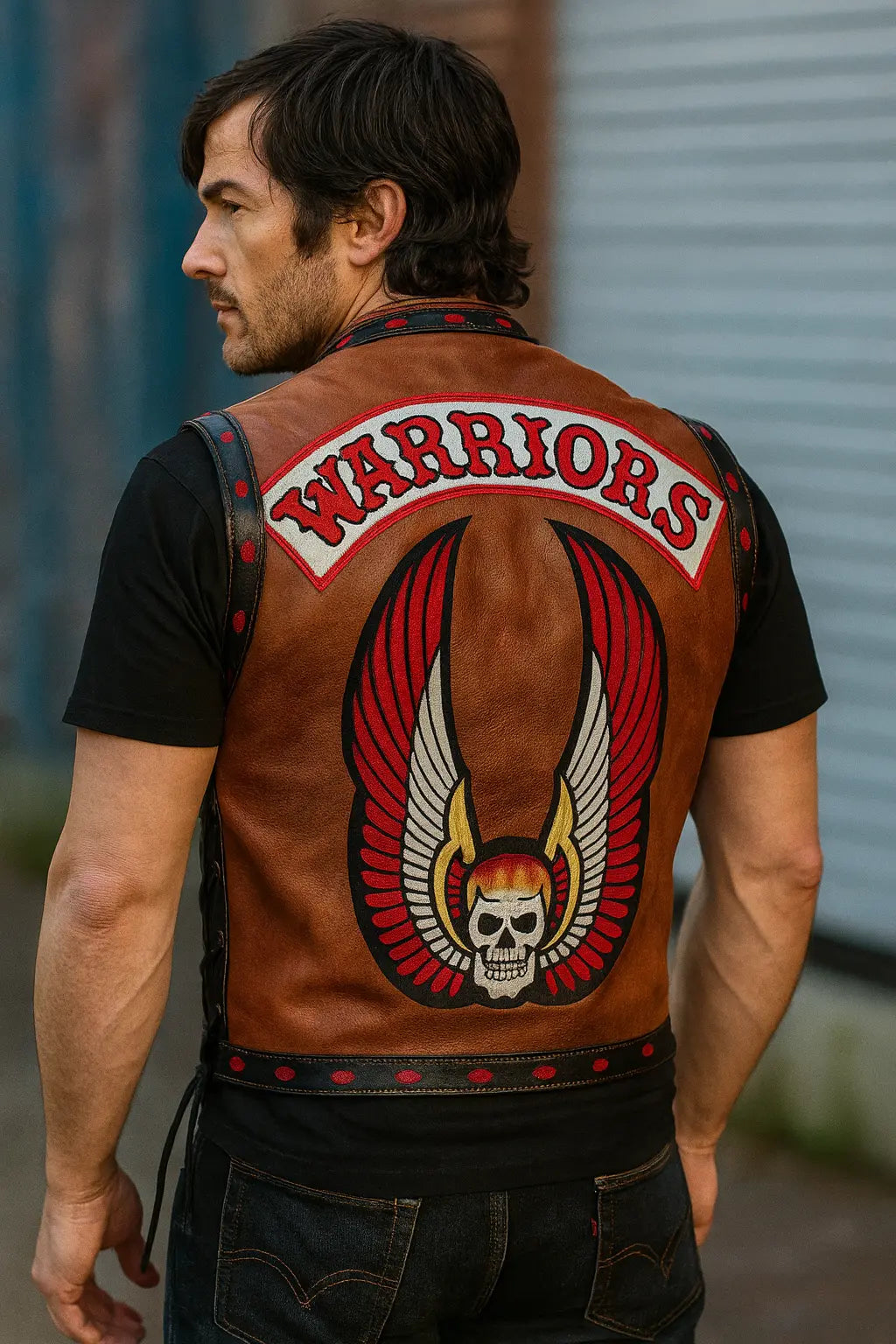 Side view of The Warriors Ajax cosplay leather vest showing stitching and red trim