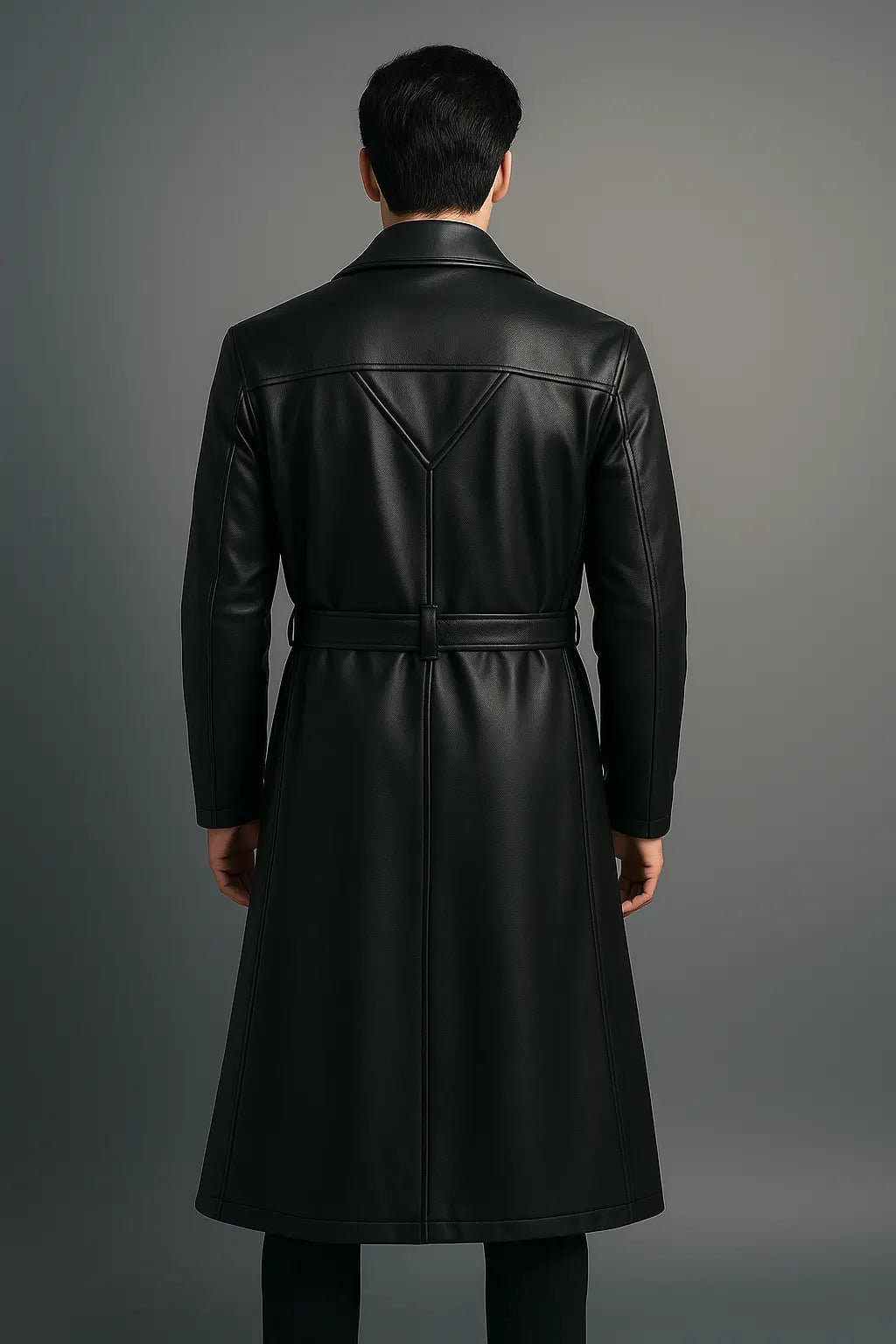 Back view of Wesley Snipes Blade long black trench leather coat inspired by Blade movie costume