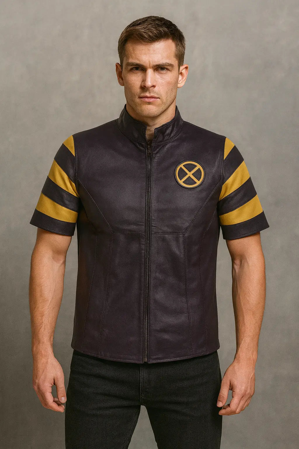Front view of X-Men The Last Stand Kelsey Grammer black & yellow leather jacket cosplay costume